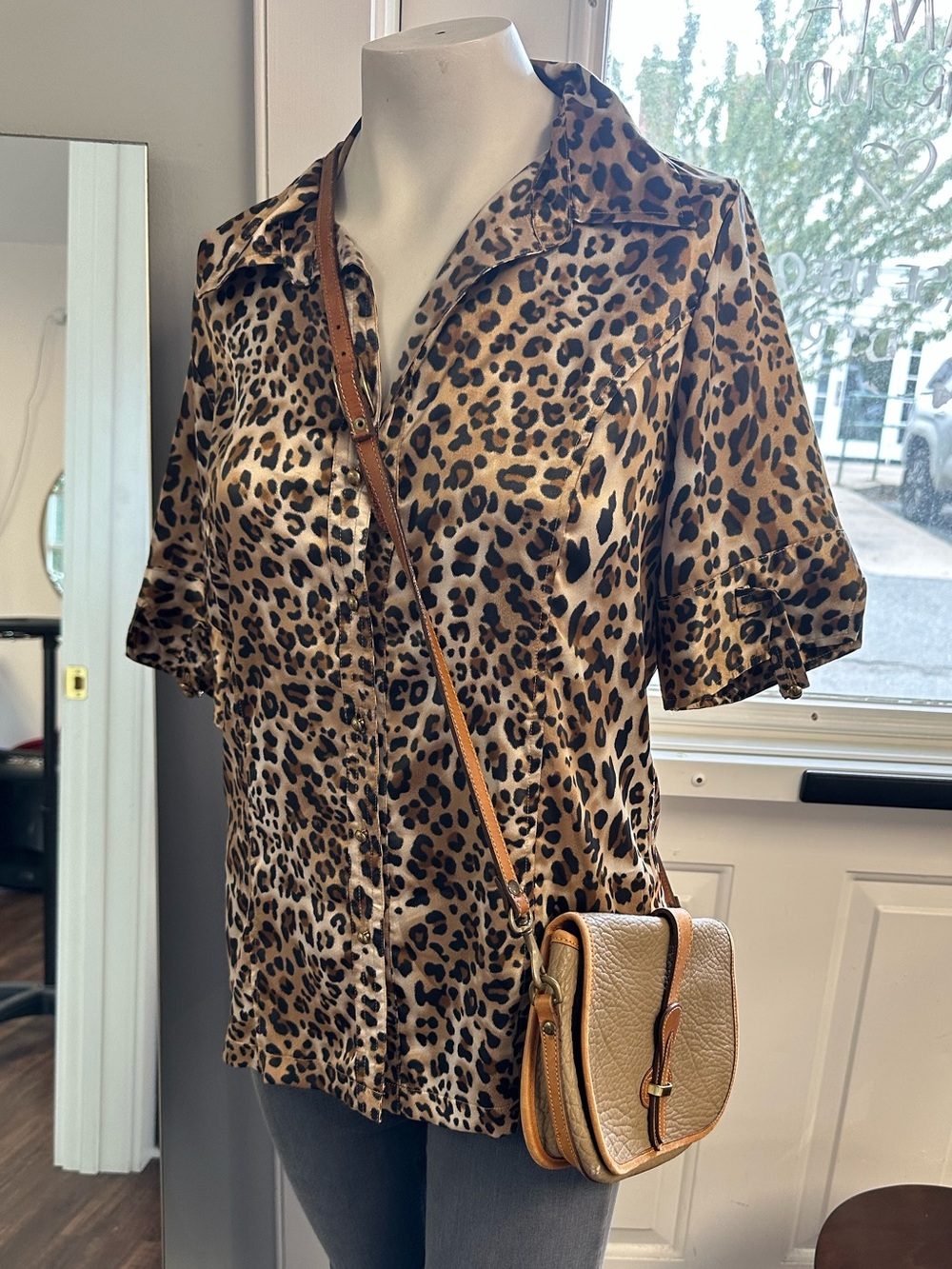 BCBGMaxAzria Leopard Print Satin Button-Down in Tan and Black